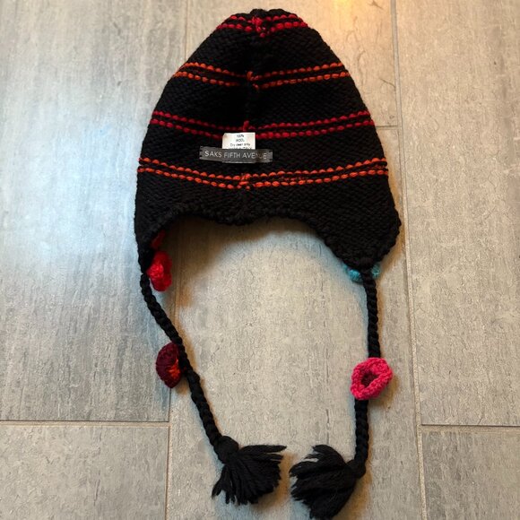 Saks Fifth Avenue Floral Wool Knit Tassel Hat with Ear Flaps Black One Size - Picture 3 of 6